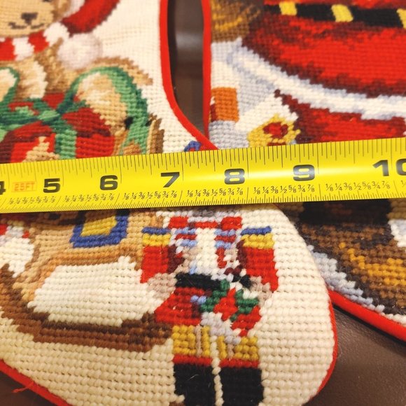 Vtg Needlepoint "Grandma" Toys Teddy "Grandpa" Santa Stockings 100% Wool Canvas - Picture 11 of 13
